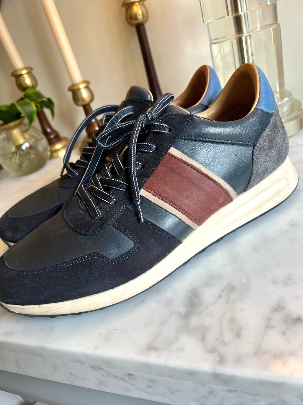 Minelli Navy and Burgundy Leather & Suede Lace-Up Sneakers Size 43